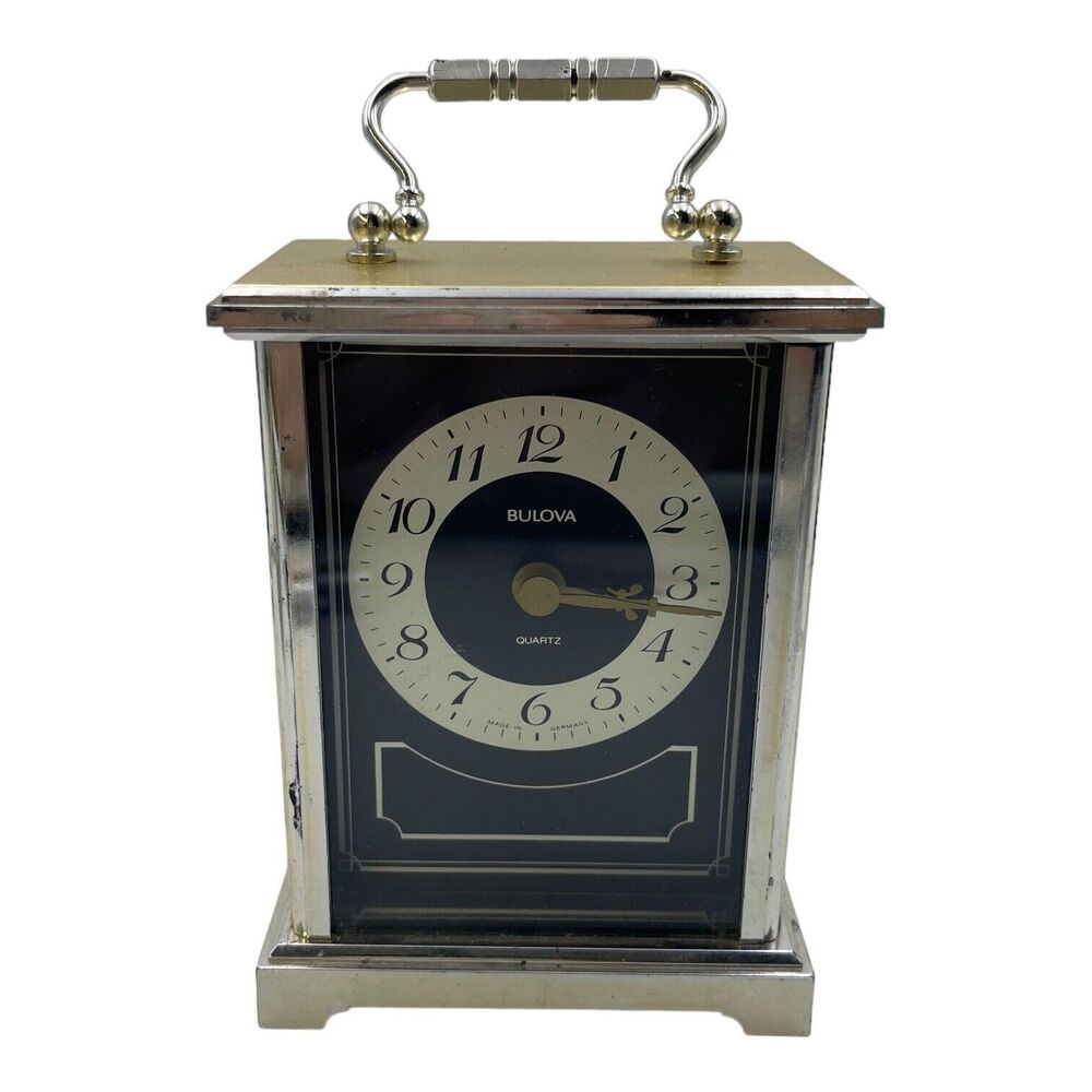 Bulova Brass Black Gold Dial Carriage Desk Clock Junghans Mvmt W737 West Germany